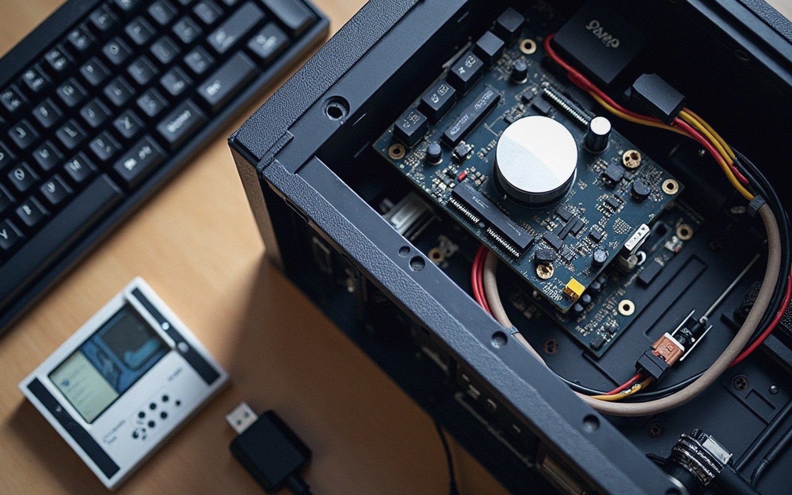 Ribbon and power cables crossing an open case