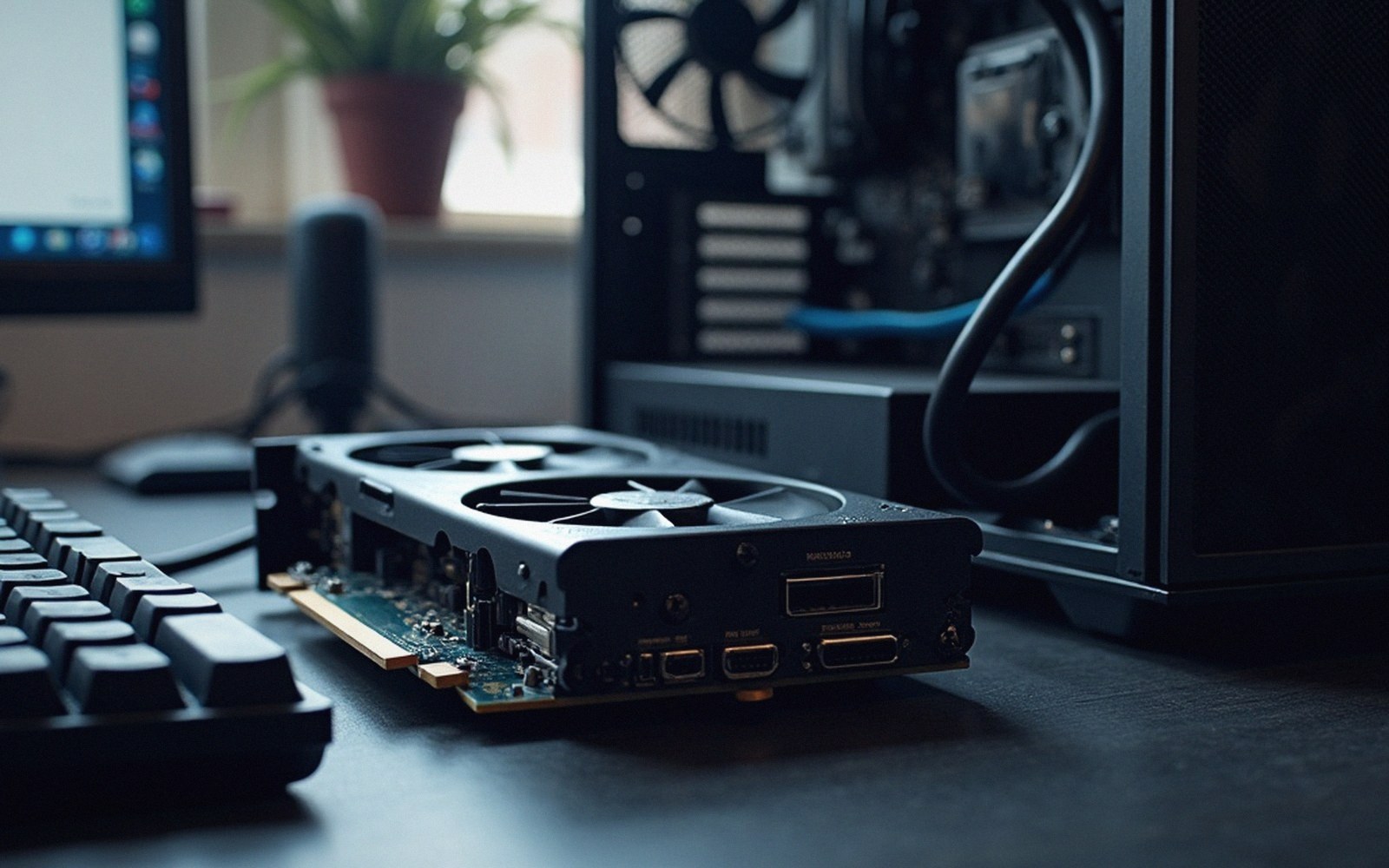 A graphics card backplate and connectors in macro
