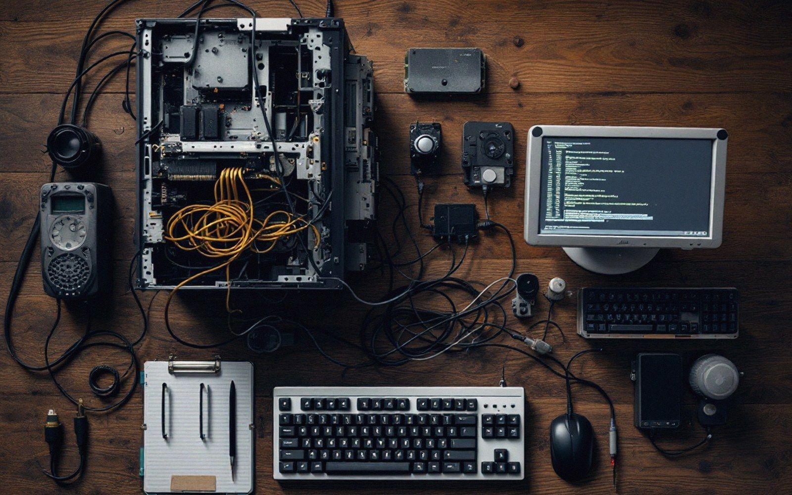 An open computer tower, keyboards, monitor and cables arranged flat on a wooden desk