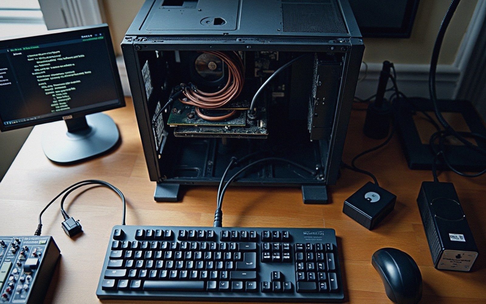 An open desktop computer case with visible internals sits beside a keyboard and monitor showing code