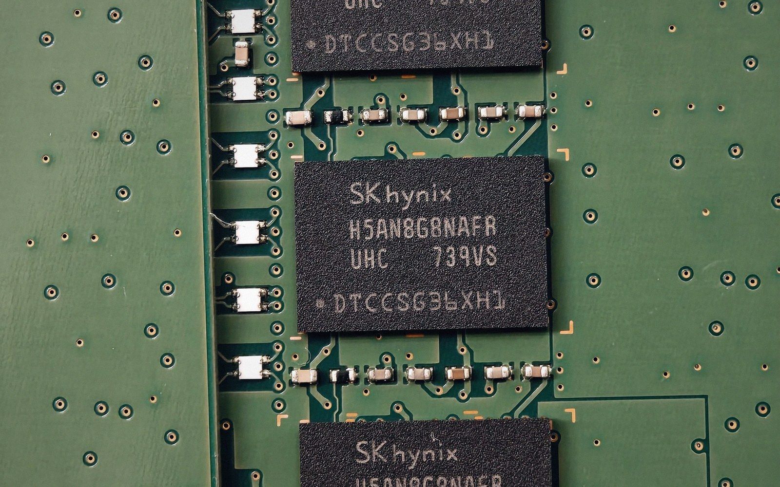 Close-up of SK hynix memory chips mounted on a green circuit board