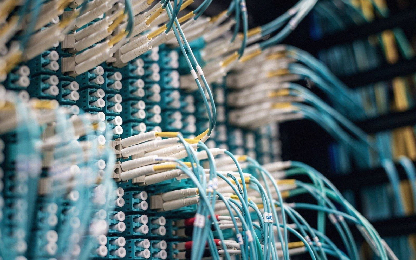 Rows of fiber optic cables plugged into a data center patch panel