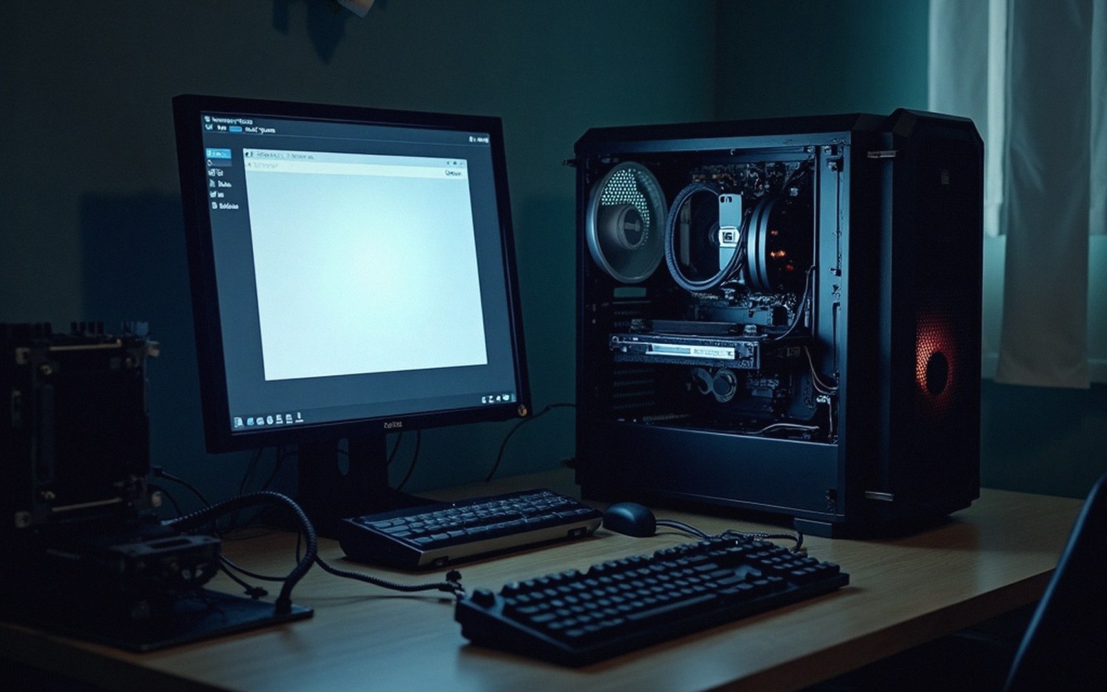 A monitor showing a flat test pattern in a dim room