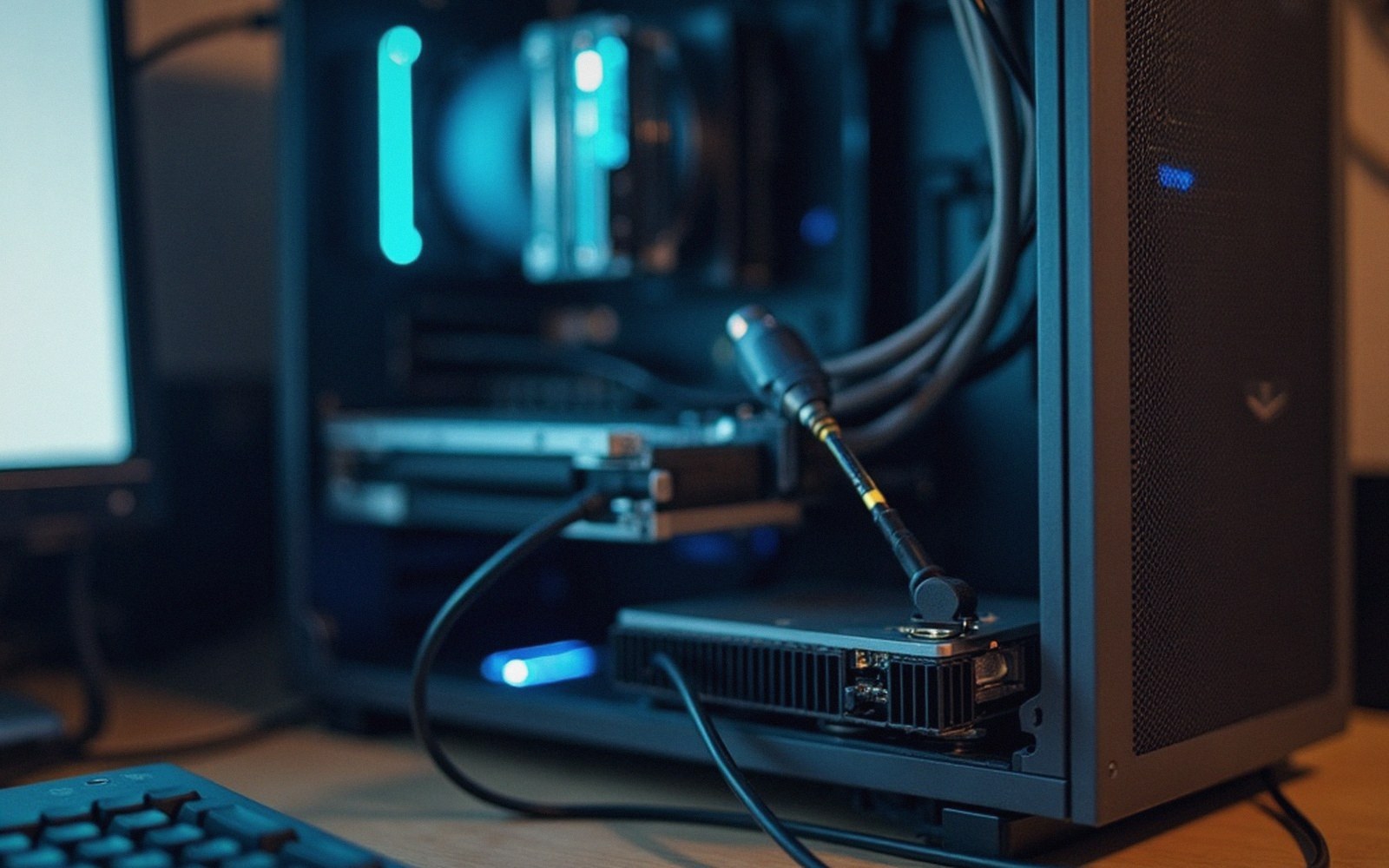 A thermal probe taped to a heatsink